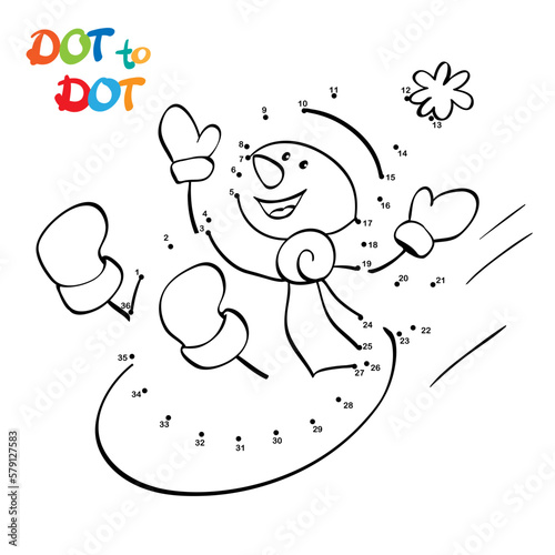 Connect The Dots and Draw Cute Cartoon snowman. Educational Game for Kids. Vector Illustration.