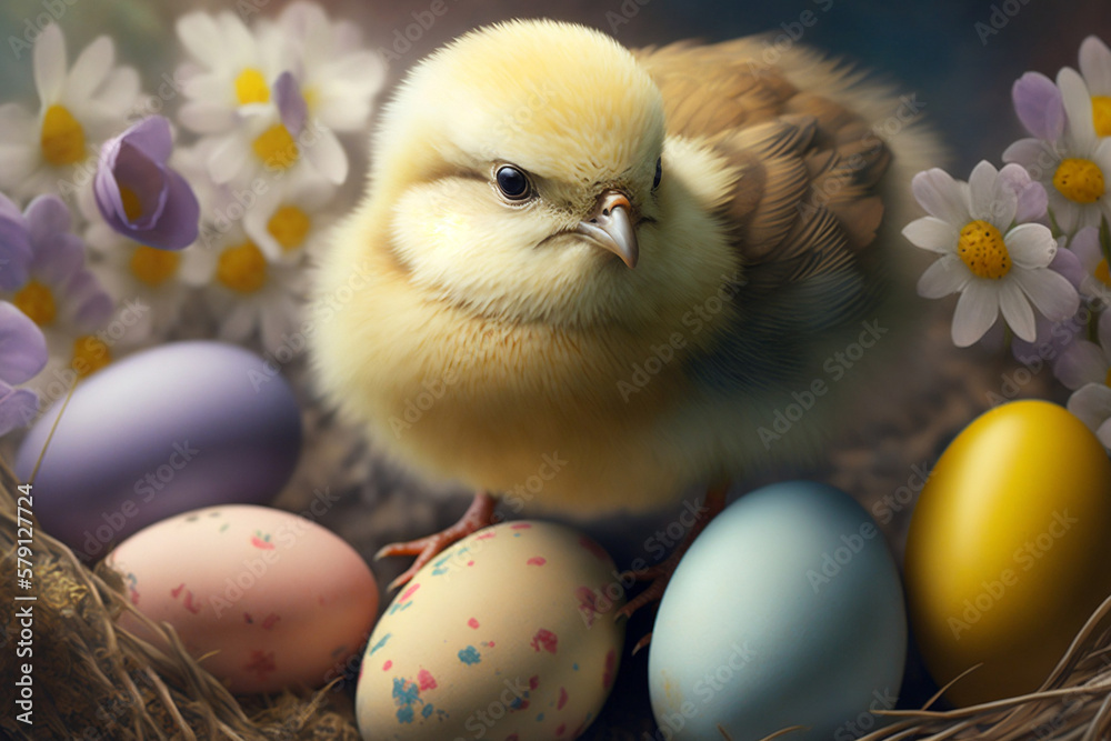 Easter Chick And Easter Eggs, Easter Day, Generative Ai