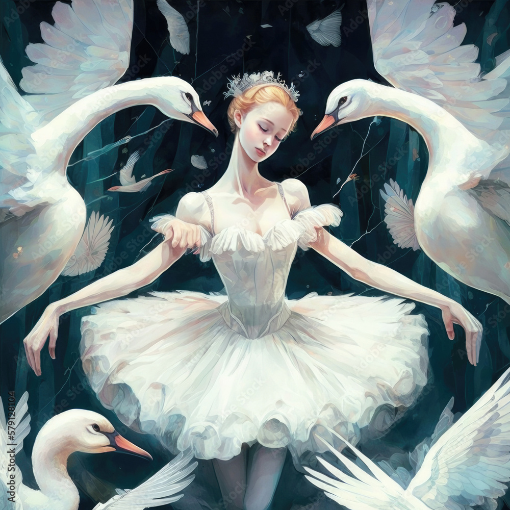 Ballerina dancing ballet Swan Lake, illustration, created with Generative AI technology. - obrazy, fototapety, plakaty 