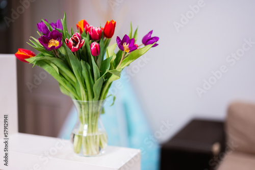 Spring tulip bouquet. Holiday decor with flowers colorful tulips.