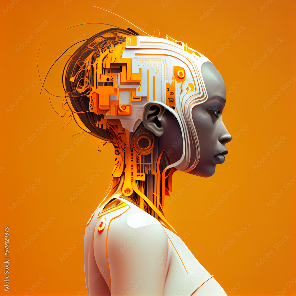 portrait of a humanoid girl with artificial intelligence processing streams of information with a neutral face