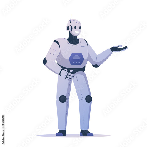 Vector illustration of a modern robot that smiles and demonstrates something with its hand. High-tech robot capable of performing various tasks. Technological possibilities in the field of robotics.
