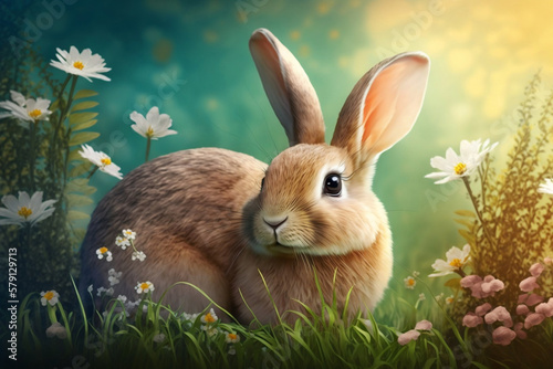 Cute Rabbit As Easter Bunny On Grass And Flowers As Easter Background Illustration, Easter Day, Generative Ai © Ash