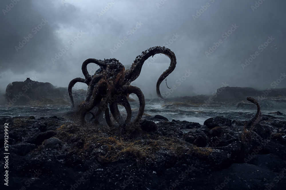 Fototapeta premium Behold the Mighty Cthulhu: A Breathtaking Stock Photo of a Giant Octopus Emerging from the Icy Waters of Iceland, Perfect for Fantasy, Horror, created with Generative AI technology