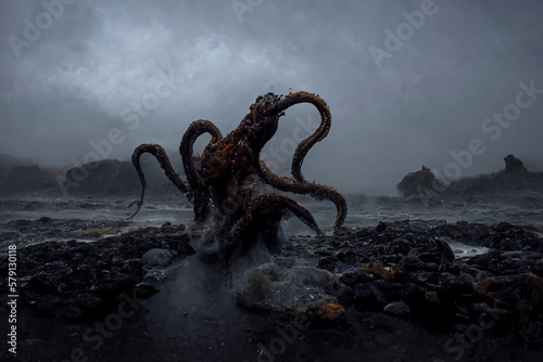 An Enigmatic Wonder of Nature  A Captivating Photograph of a Giant Octopus Surfacing from the Mysterious Depths of Iceland  Perfect for Adding Drama and Intrigue  created with Generative AI technology