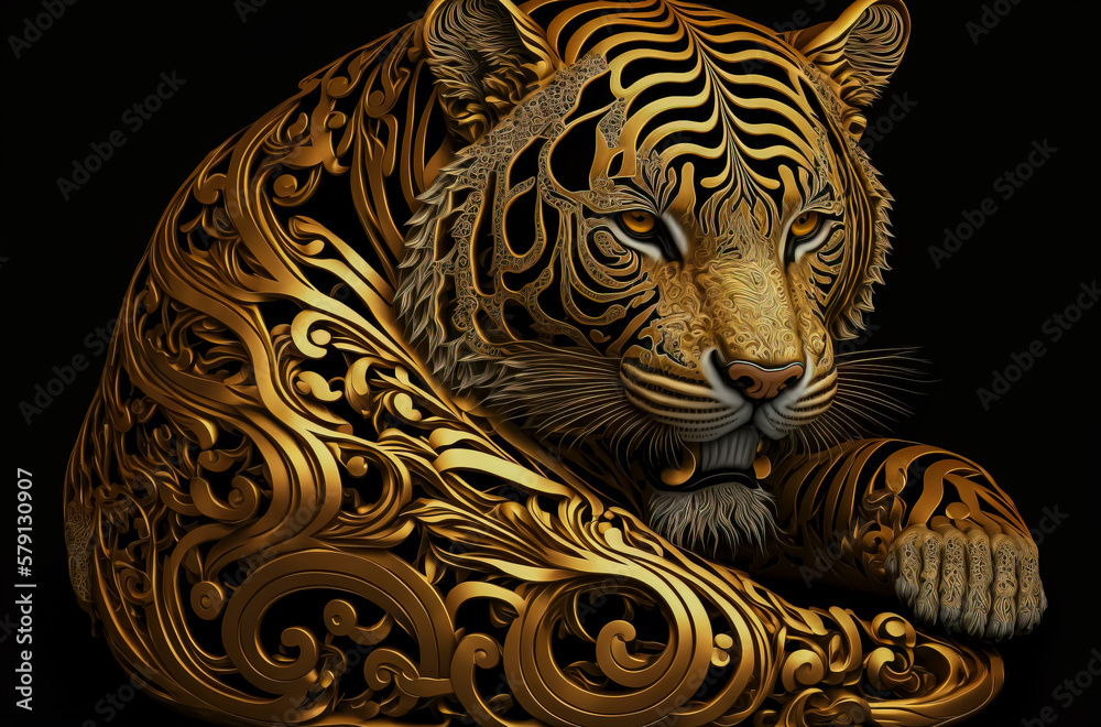 Regal Elegance in Golden Hue: A Majestic Stock Photo of Highly Detailed Tiger Decoration, Perfect for Luxury Designs, Wall Art, and Exotic Themed Projects, created with Generative AI technology Regal Elegance in Golden Hue: A Majestic Stock Photo of Highly Detailed Tiger Decoration, Perfect for Luxury Designs, Wall Art, and Exotic Themed Projects, created with Generative AI technology