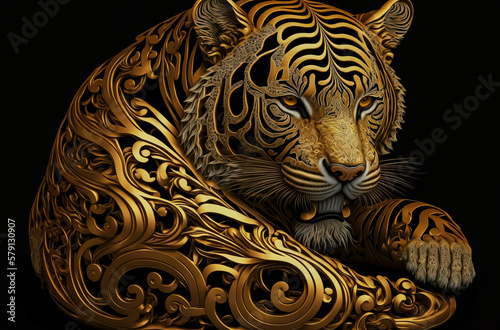 Regal Elegance in Golden Hue  A Majestic Stock Photo of Highly Detailed Tiger Decoration  Perfect for Luxury Designs  Wall Art  and Exotic Themed Projects  created with Generative AI technology