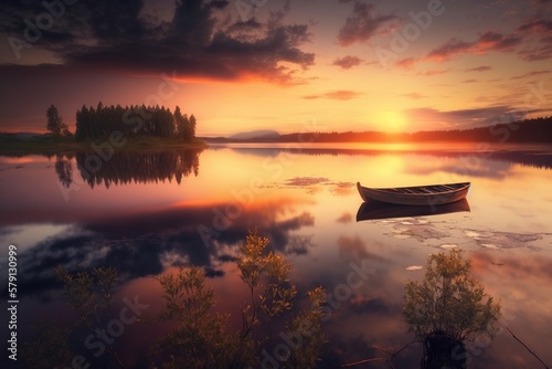 A lonely boat near the shore of a beautiful lake at evening sunset.