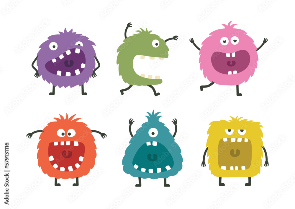 Naklejka premium Funny colorful monsters with big open mouth.