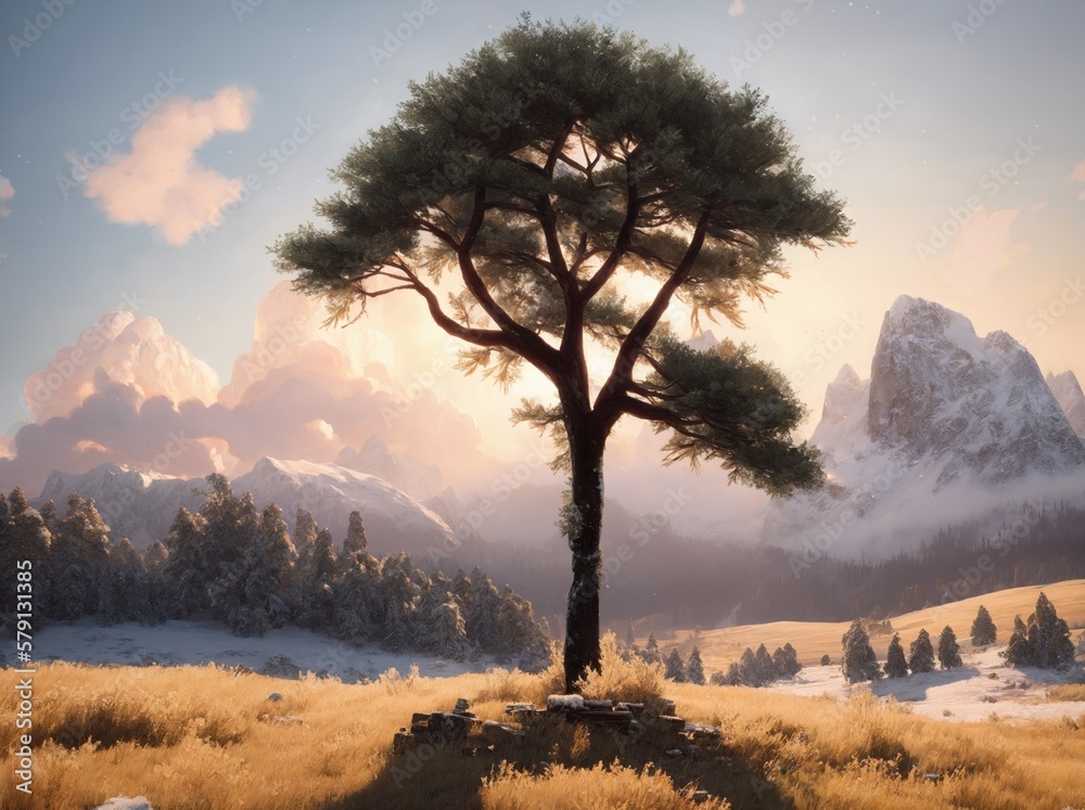 Φωτογραφία landscape oil painting of tree in winter mountain wilderness, generative art