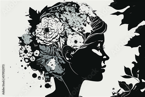 Collage of image of a woman head with flowers outline, black on white. Generative AI.