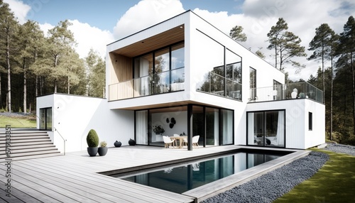 Generative AI of modern cozy double storey  house with pool and parking