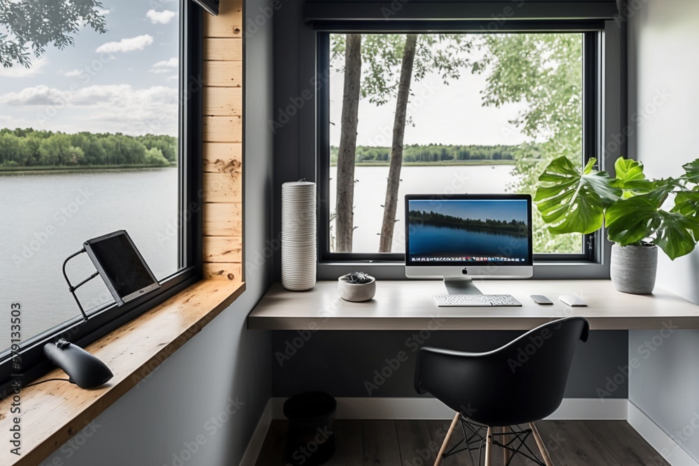 Modern Study with a View of Water and Trees: Ai Generated Modern Study with a View of Water and Trees: Ai Generated