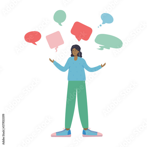 Woman, conversation, reflection. The modern metaphor of choice. Doubts about a decision. Woman pondering different opinions. Choosing between opposing positions. Dialogue speech bubbles. Vector.