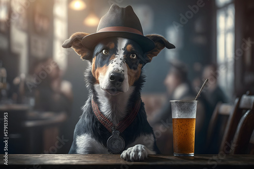 A dog with hat drinking beer in bar