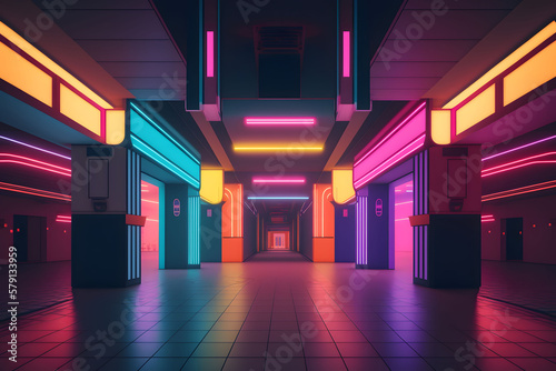 A futuristic mall with bright neon colored neon lights