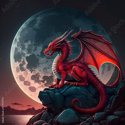 A red dragon sitting over a big moon