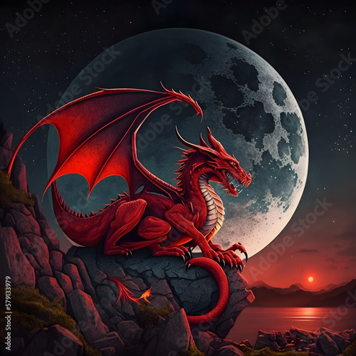 A red dragon sitting over a big moon