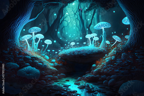 A magic forest with bioluminescent mushrooms and crystal.