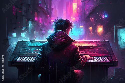 A_young_piano_artist_digital_illustration_cyberpunk
