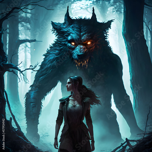 Werewolf and a woman in magical forest digital art 