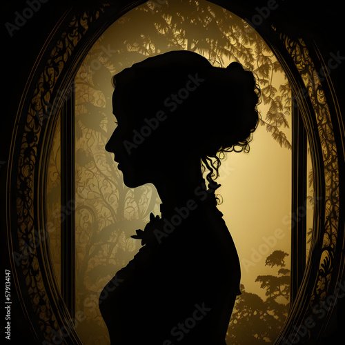 Silhouette of a woman in Victorian era behind a glass window