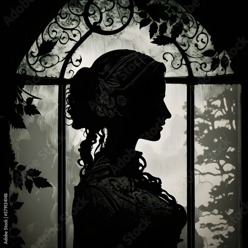 Silhouette of a woman in Victorian era behind a glass window
