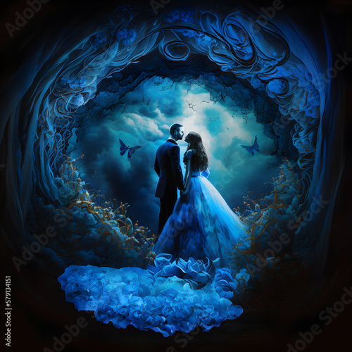 Wedding couple in a blue fantasy world digital art