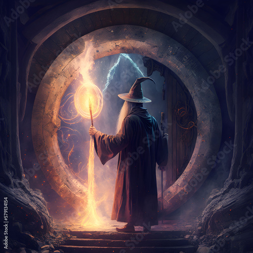 Wizard standing in front of magical portal with wand