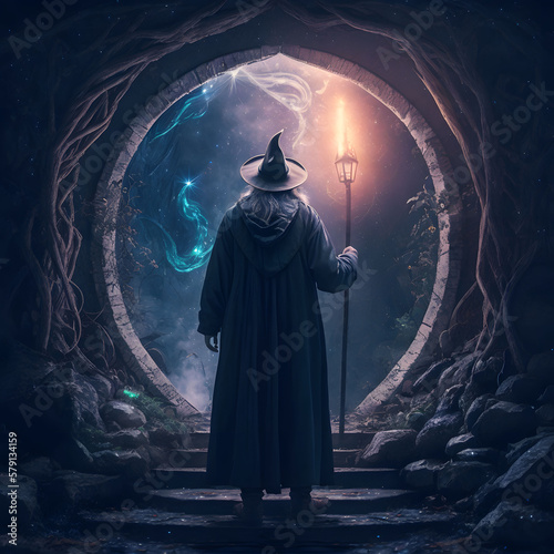 Wizard standing in front of magical portal with wand