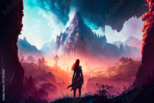 Woman standing in mountain of magical world