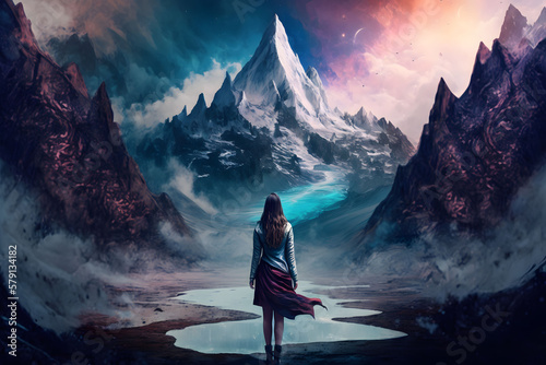 Woman standing in mountain of magical world