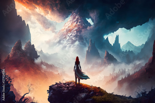 Woman standing in mountain of magical world