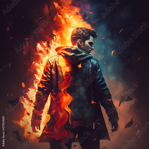 Young guy dressed in jacket burning on flame