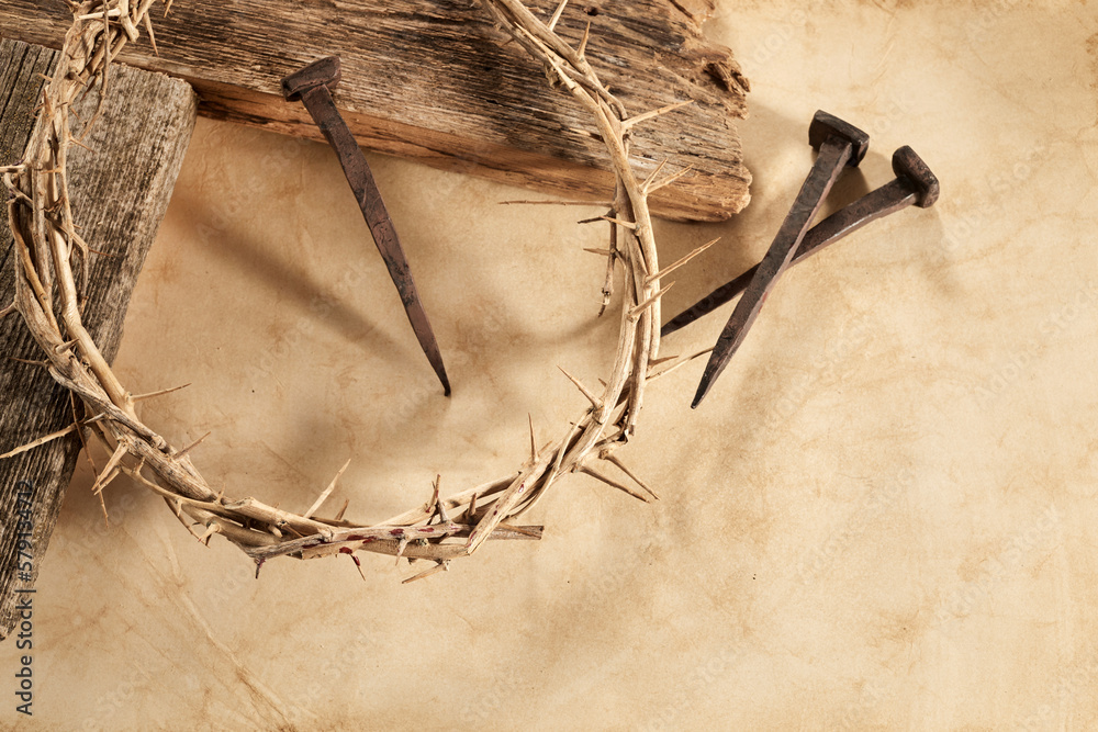Crucifixion Of Jesus Christ. Cross With three Nails And Crown Of Thorns on  ground Photos | Adobe Stock