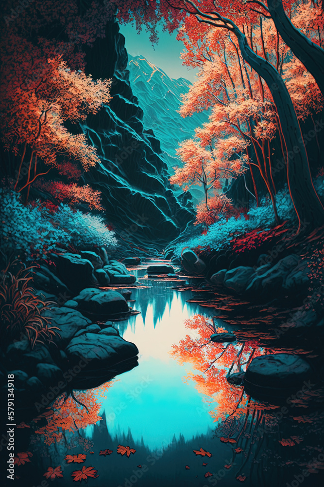 Surreal autumn forest and river. Concept idea art of nature. Generative Ai