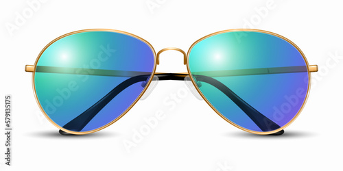 Vector 3d Realistic Modern Unisex Frame Glasses. Golden Color Frame. Purple and Blue Transparent Sunglasses for Women and Men, Accessory. Optics, Lens, Vintage, Trendy Glasses. Front View