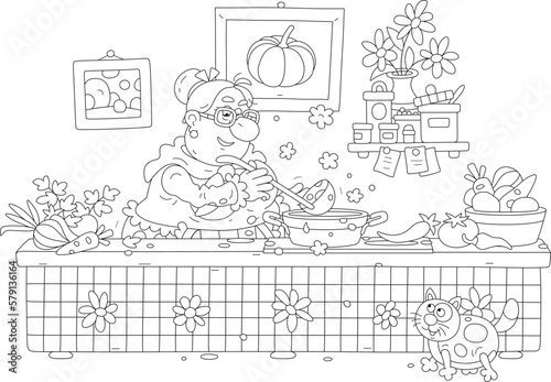 Funny granny and her merry cat cooking an original tasty soup with fresh vegetables and spices in a cozy kitchen of a village house, black and white outline vector cartoon illustration