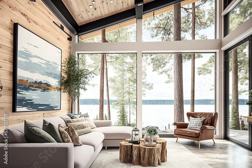 Relaxing Living Room with Statement Art Pieces and Cozy Seats Showcasing Breathtaking Water and Tree Views  Ai Generated