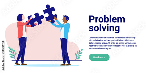 Problem solving - Two business people connecting jigsaw puzzle pieces together. Flat design vector illustration with white background and copy space for text
