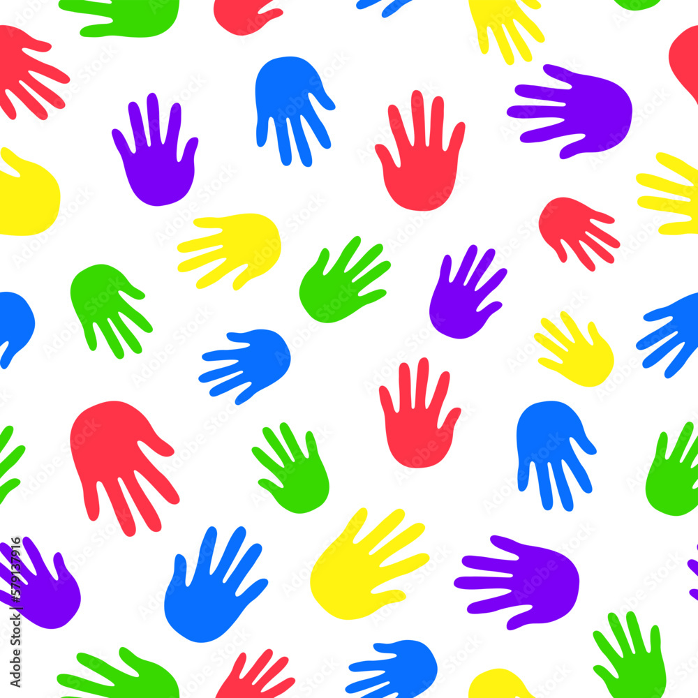 The pattern is seamless. Multicolored Hands, palms, palm print. Fingers of a person's hand, a child's palm. Drawing. Vector graphics. Illustration on isolated background.