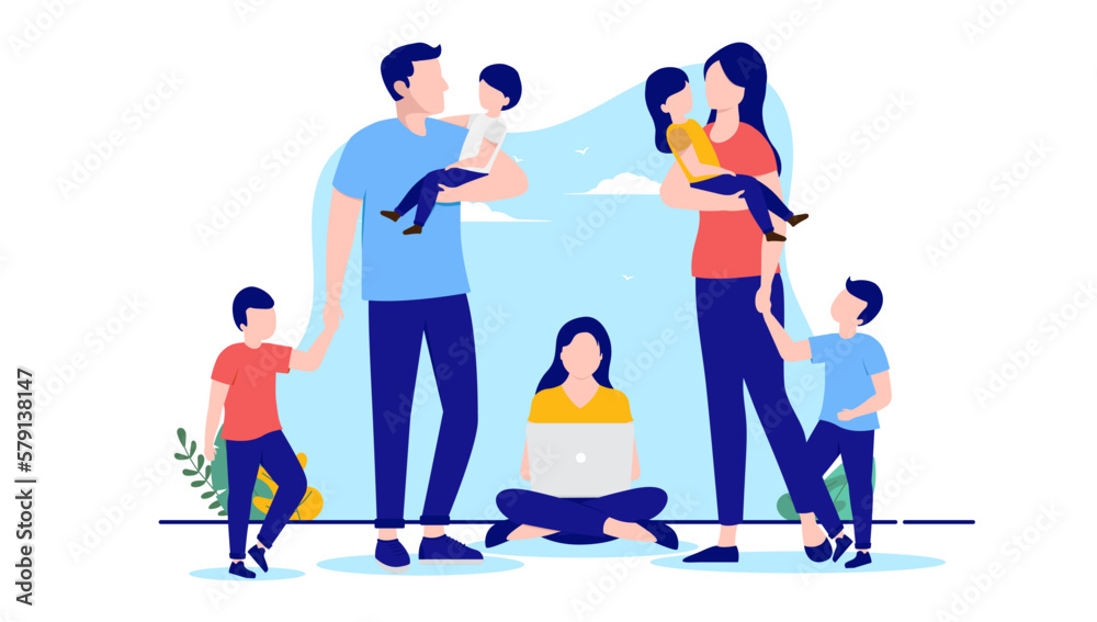 Parents with many children - Family of mom and dad with five kids standing. Flat design vector illustration with white background