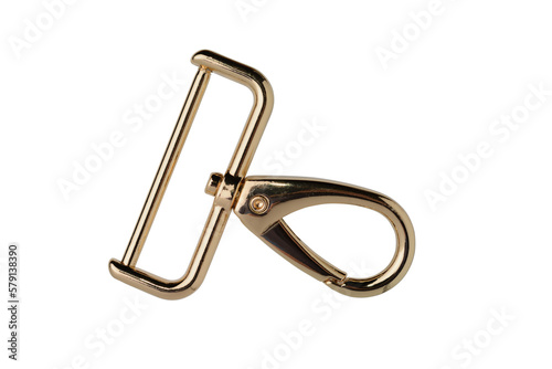 Decorative carabiner for attaching the bag strap. Gold color metal on white background