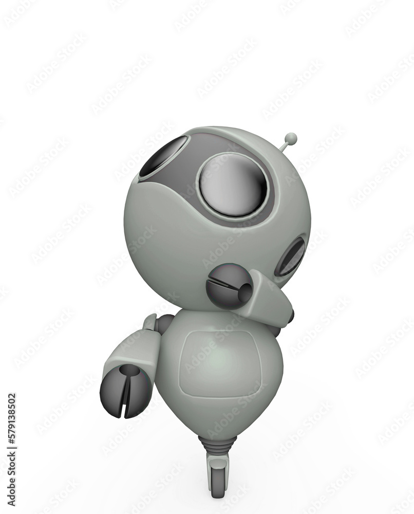 tiny robot is looking up in white background with copy space