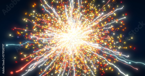 Abstract glowing energy explosion fiery whirlwind fireworks from lines and magic particles abstract background