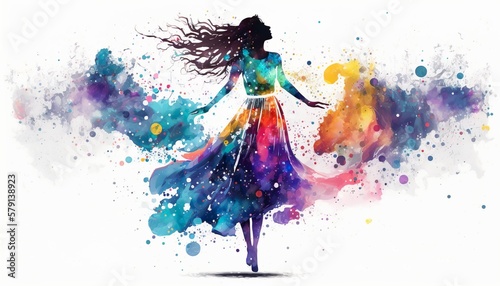 Beautiful abstract woman silhouette dancing in bright colors splash, bright light watercolors illustrations