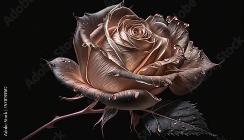 Fototapeta Naklejka Na Ścianę i Meble -  Rose gold rose flower with black leaves isolated on a dark black background Generative AI illustration