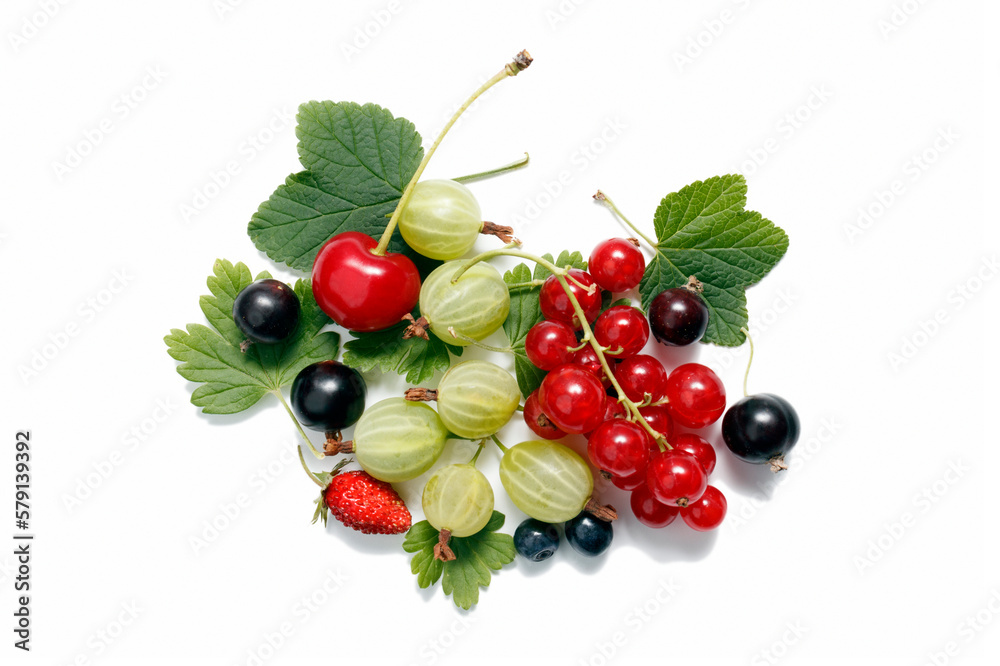 A mix of various summer ripe berries with leaves on a white background. Currants, blueberries, blueberries, A mix of various summer ripe berries with leaves on a white background. Currants, blueberries, blueberries,