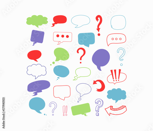 Online chat clouds for text, comments. information forms. Exclamation marks and question marks. Suitable for illustrating reactions. Vector illustration, doodle with text. The background is isolated.