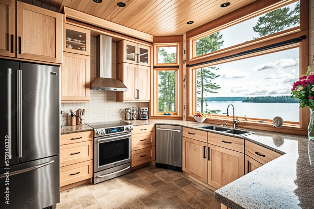 Modern Kitchen With a View of the Water and Trees, Ai Generated Modern Kitchen With a View of the Water and Trees, Ai Generated
